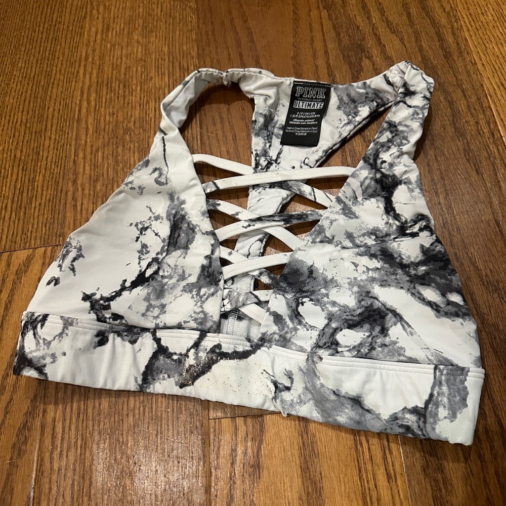 ! PINK Victoria's Secret Ultimate White Marble Racer Back Sports Bra Women S